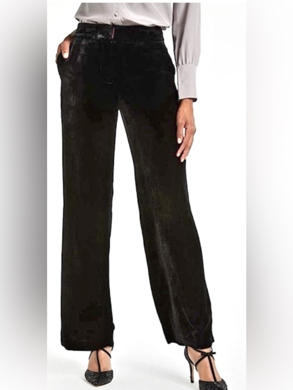 BODEN Black Silk Velvet Wide Leg Belted Trousers Pants 8